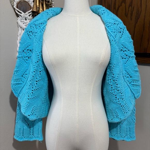 Vtg Blue Crochet Knit Open Front Cardigan Shrug Size Large Ruffles Y2K - Picture 7 of 11